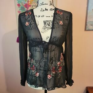 EXPRESS Black Embroidered Sheer Tie Front Long Sleeve Chiffon Blouse, EUC, XS